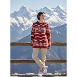 Vintage Obermeyer Fair Isle Knit Sweater Tunic or Dress Red Wool Blend Medium
